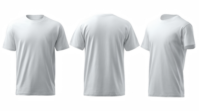 Three views of a classic white shortsleeve tshirt, perfect for your design projects isolated on transparent background