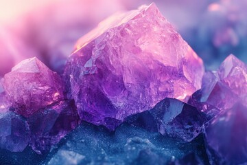 Fototapeta premium A close-up shows vibrant, textured amethyst crystals with striking color gradations from pink and purple to deep blue, evoking a mystical aura.