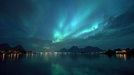 Aurora borealis over a calm fjord at night