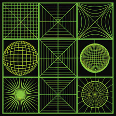 Eight Lime Green Geometric Grid Patterns on Black Background Abstract Graphic Design Elements vector