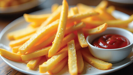 Closeup French fries, Potato chips Yellow crispy fries in wooden basket on white table, snack delicious food
