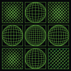 Eight Lime Green Grid Line Globe and Diamond Pattern Images on Black Background sphere