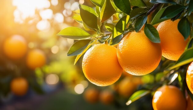 ripe orange fruits clustering on tree branches glowing under sunlight revealing vivid colors during harvest season - Powered by Adobe