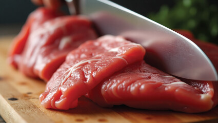 Butcher cutting raw red meat with knife on white cutting board