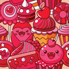 Cute Pink and Red Cartoon Cupcakes Lollipops and Sweets Seamless Pattern Background candy dessert
