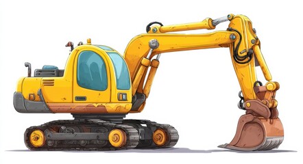 Cheerful Yellow Excavator: Whimsical Construction Transport Illustration for Kids on Clean White Background