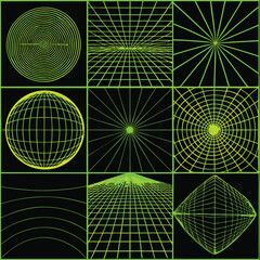 Eight Lime Green and Black Geometric Grid Patterns Abstract Backgrounds Set Spiral Globe Lines vector