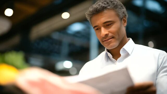 Shopper in Aisle Looking at Meat Package with Label and Displays