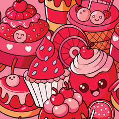 Seamless Pattern Pink Red Sweet Treats Cherries Cakes Cupcakes Candy Cartoon Kawaii Style vector