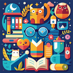 Vibrant Collage Featuring Cats Books Glasses and Various Colorful Objects on a Dark Blue Background illustration