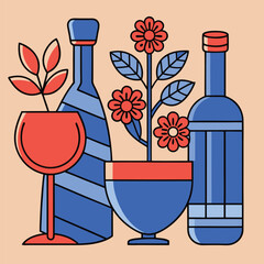 Three Minimalist Prints Featuring Blue and Coral Kitchenware and Flowers on Peach Background wine bottle