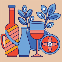 Three Minimalist Prints Featuring Kitchenware Red Blue Orange and Tan Color Palette Geometric Style vector