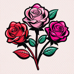 Three Stylized Roses Red Pink and Light Pink on a Dotted Background Bold Black Outlines Pop Art Style Floral Bouquet