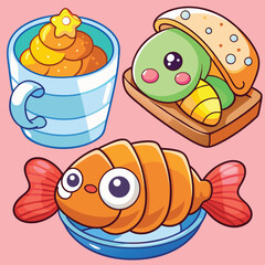 Three Cute Cartoon Food Illustrations Featuring Orange Croissant Fish Blue Mug Yellow Pastry Green Turtle Sandwich