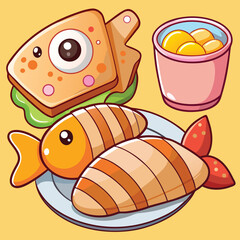 Two Cute Cartoon Illustrations Depicting a Breakfast Scene Featuring a Fish Shaped Sandwich Orange Fish Shaped Treats and