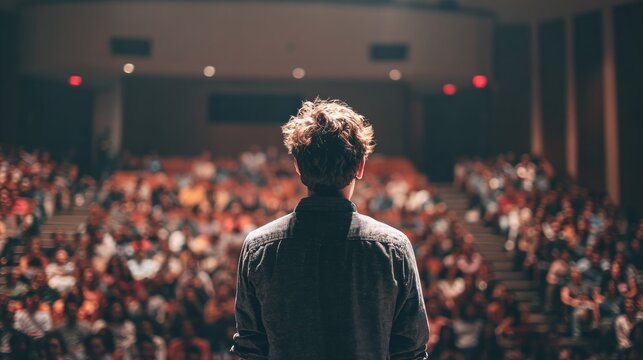 Speaker facing large audience