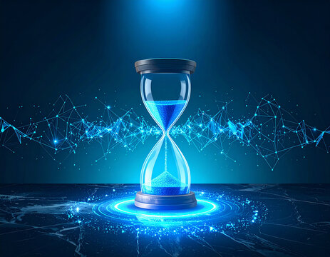 A futuristic hourglass with vibrant blue, luminous sand sits on a dark, reflective surface, surrounded by glowing circular ripples and an abstract network of interconnected lines and points. The scene