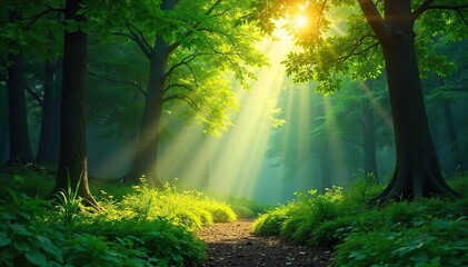 Obraz premium Sun-Drenched Forest Clearing Peaceful Green Landscape with Dappled Sunlight, Ideal for Travel, Nature, and Fantasy Projects