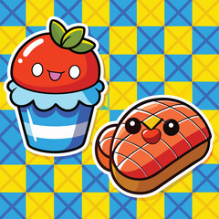 Two Cute Cartoon Food Illustrations Red Strawberry Cupcake and Orange Bread Against Yellow Blue Checkered Background