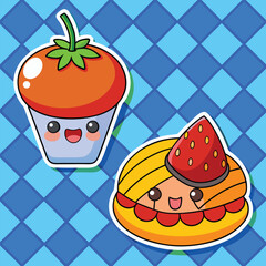 Two Cute Cartoon Food Illustrations Orange Tomato Cupcake and Strawberry Cream Puff Blue Diamond Background