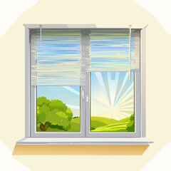 Window with blinds – Partially opened blinds letting sunlight through.

