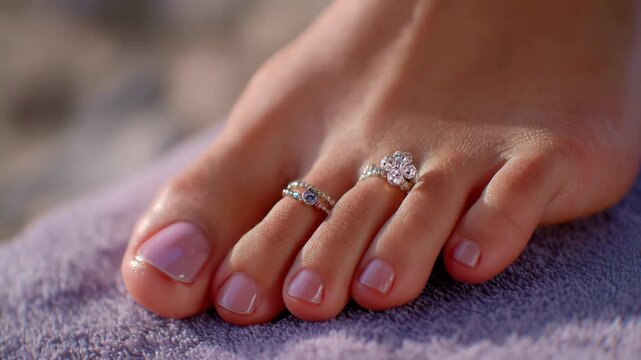  Close-up of woman feet with engagement ring on toe and soft pink nails. High quality 4k footage