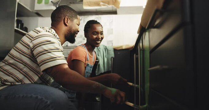 Painting, help and renovation with black couple in kitchen for remodeling, DIY project and bonding. Home improvement, property development or painter with man and woman in house for support and color