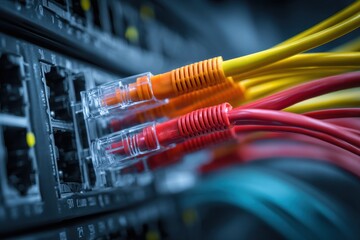 Closeup of Fiber Cables Linked to Modem and Hub for Advanced Telecom Infrastructure