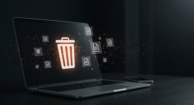 Laptop displaying digital trash bin and files delete - Powered by Adobe