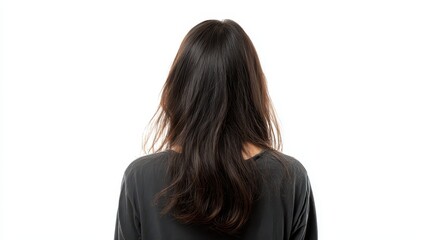 Fototapeta premium Silhouette of a Young Woman with Long Brown Hair in a Rear View Pose Against a White Background