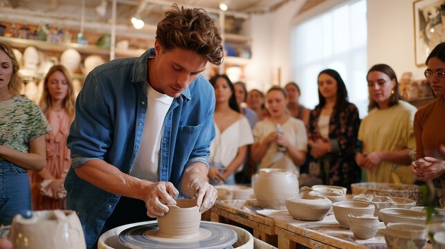 Ceramic crafting workshop takes place in an art studio with an engaged audience observing a skilled potter - Powered by Adobe