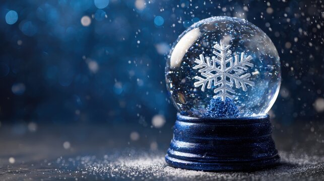 Enchanting Winter Snow Globe: Christmas Decor Featuring Snowflakes and Blizzard Against a Serene Blue Backdrop