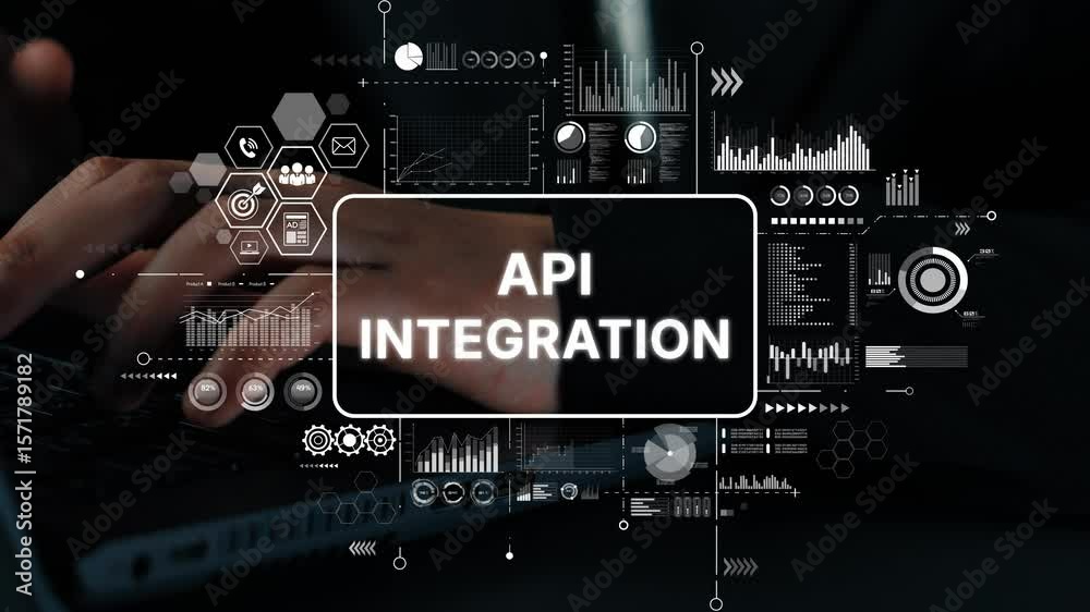 Poster businessman hands typing on laptop with api integration graphic and data visualizations in backgroun