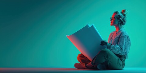 Woman with Glasses Sitting on Blueprints, Aqua and Red Light, Striped Shirt