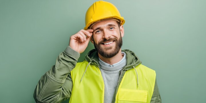 Man in Yellow High-Vis Vest and Hard Hat, Green Background, Friendly Smile