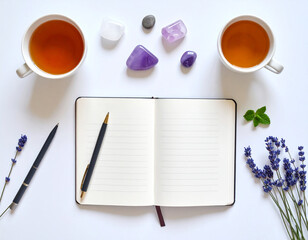 Mental health journaling with calming tea, lavender, and crystals for relaxation and mindfulness