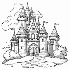 Obraz premium coloring page with a princess castle, a fairy-tale palace, a beautiful house, vector, black and white image