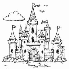 coloring page with a princess castle, a fairy-tale palace, a beautiful house, vector, black and white image