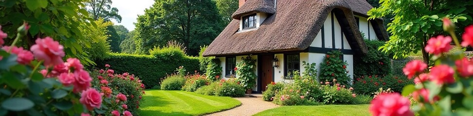 Idyllic Thatched Cottage in Vibrant English Garden A Picture-Perfect Summer Scene