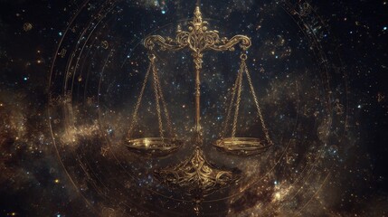 Libra astrological sign represented by balance scale against starry nebula background