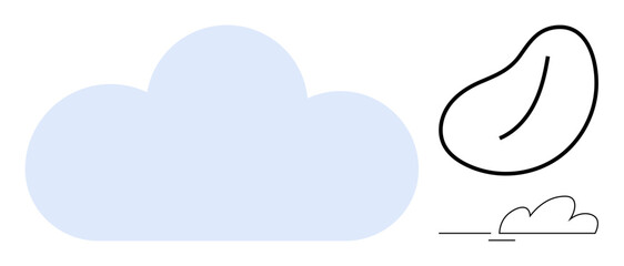 Large blue cloud with minimal outline paired with abstract bean shape and small cloud. Ideal for creativity, imagination, weather, abstract thinking, minimalism, modern design, harmony. Simple flat