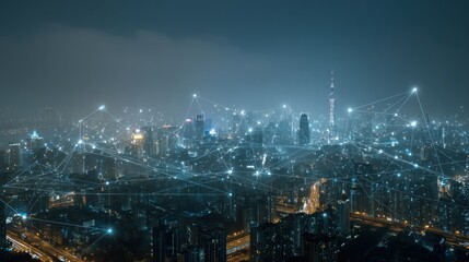 Fototapeta premium City at night connected by digital lines