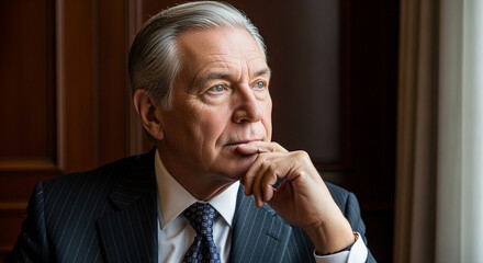Thoughtful businessman in suit looking out window