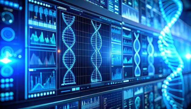 Genetic Code: DNA helix and digital data screens merge in this futuristic image representing genetic research and biotechnology.  