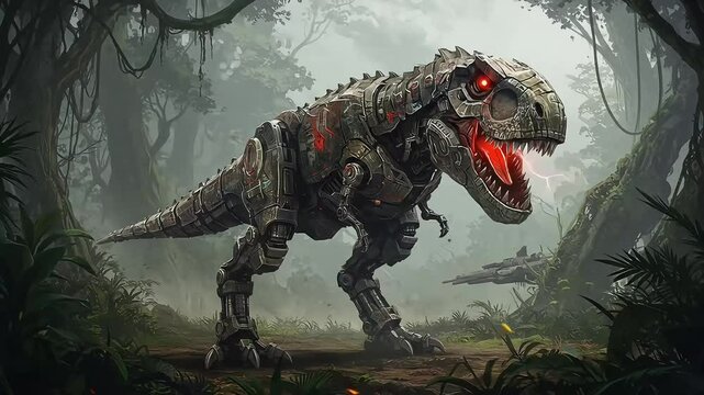 Terrifying Robotic T Rex in Futuristic Jungle