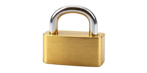 Naklejka premium A golden brass padlock, a robust symbol of security, is isolated on a white background