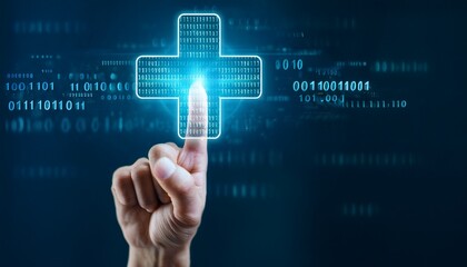finger touching digital plus sign with binary code overlay representing healthcare technology and medical innovation in telemedicine applications generative ai