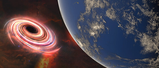A vibrant black hole swirls at the center of the image, surrounded by a glowing, multicolored accretion disk. Elements of this illustration were furnished by NASA.