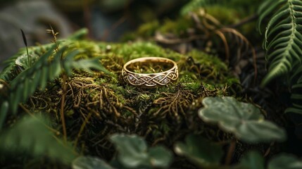 a gold ring on grass tray