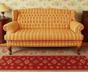 Vintage striped yellow-orange sofa in a classic living room with floral wallpaper, wooden furniture, table lamp, and red oriental rug. Cozy retro-style interior with warm, nostalgic tones.